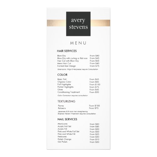 Modern Gold Striped Black and White Salon Menu