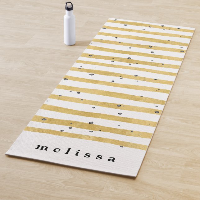 Modern Gold Striped & Black Dots Monogram Yoga Mat (In Situ)