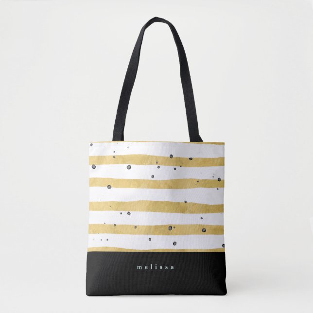 Modern Gold Striped & Black Dots Tote Bag (Front)