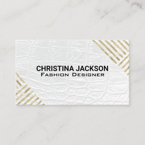 Modern Gold Striped Pattern  White Leather Business Card