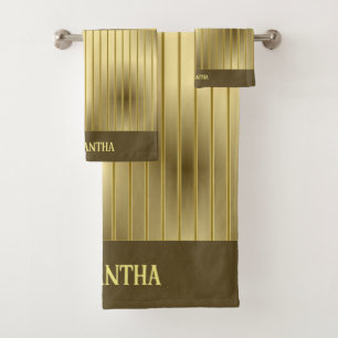 Modern Gold Stripes And Gold Background Name Bath Towel Set