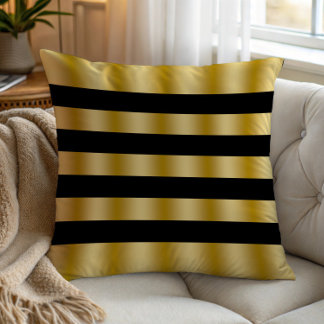 Modern Gold Stripes Black Background Throw Pillow