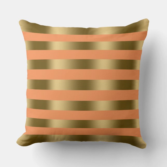 Modern Gold Stripes Custom Orange Background Throw Pillow (Front)