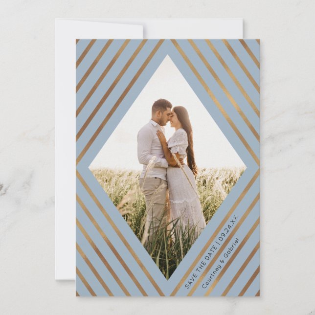 Modern Gold Stripes Diamond Frame Photo Wedding  Save The Date (Front)