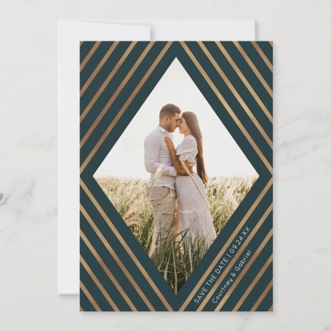 Modern Gold Stripes Diamond Frame Photo Wedding  Save The Date (Front)