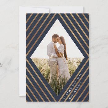 Modern Gold Stripes Diamond Frame Photo Wedding Save The Date by Orabella at Zazzle