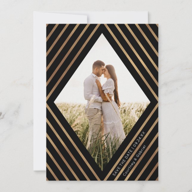 Modern Gold Stripes Diamond Frame Photo Wedding  Save The Date (Front)