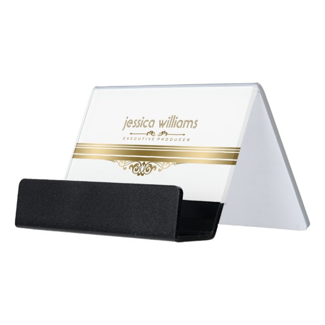 Modern Gold Stripes Floral Accents Desk Business Card Holder (Angled Front)
