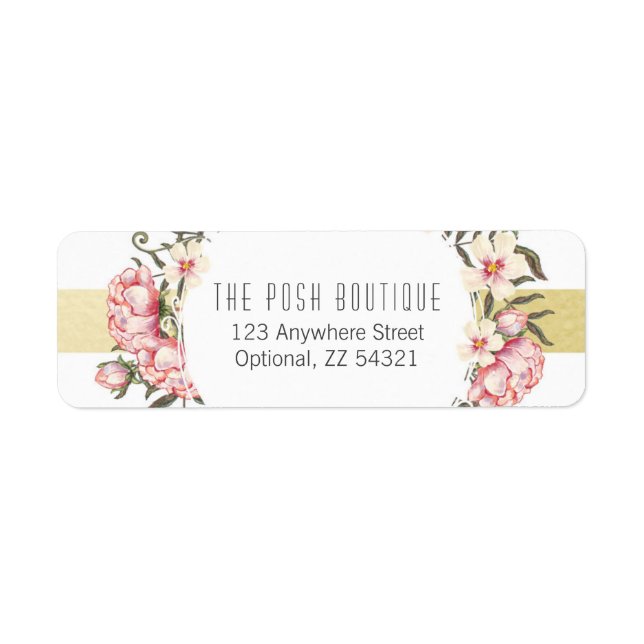 Modern Gold Stripes Floral Roses Return Address Label (Front)