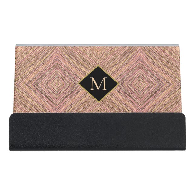Modern Gold Stripes Monogram Desk Business Card Holder (Front)