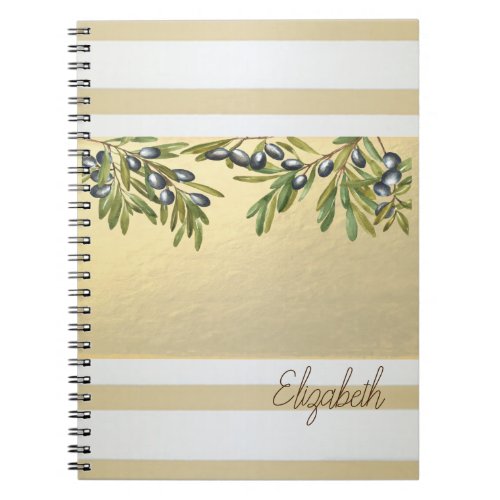 Modern Gold Stripes Olive Branches Notebook