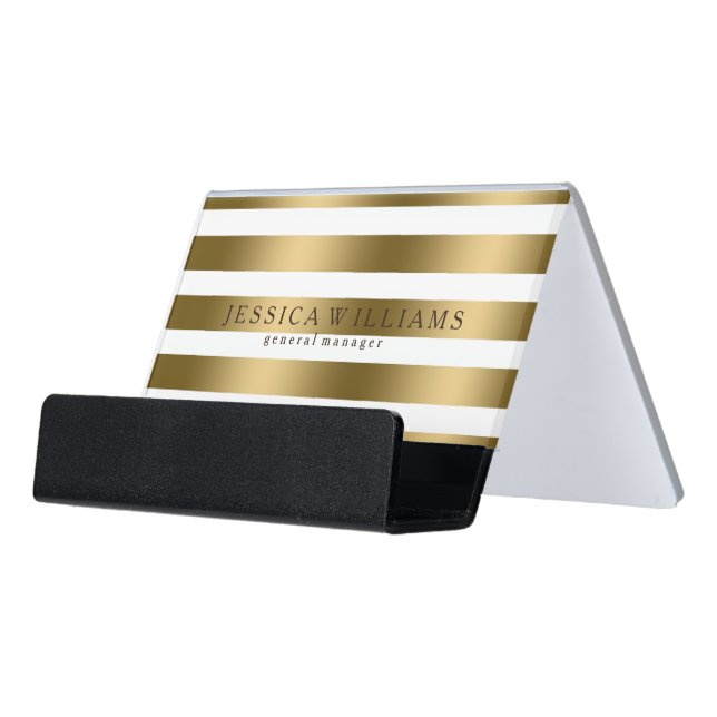 Modern Gold Stripes Over White Desk Business Card Holder (Angled Front)