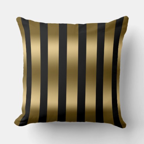 Modern Gold Stripes Pattern Black Background Throw Pillow