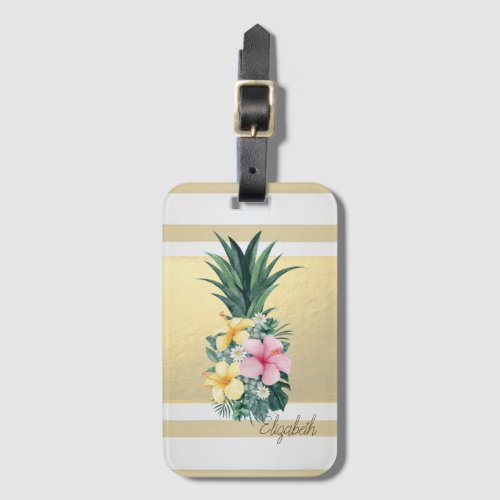 Modern Gold Stripes PineappleFlowers Luggage Tag