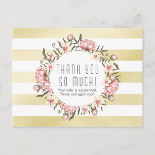 Modern Gold Stripes & Pink Floral Roses Thank You Postcard