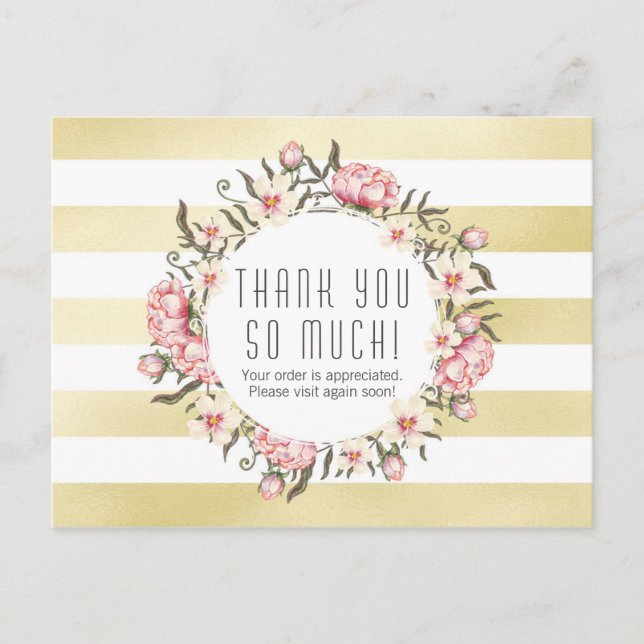 Modern Gold Stripes & Pink Floral Roses Thank You Postcard (Front)