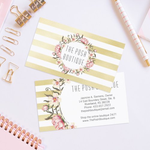 Modern Gold Stripes  Pink Floral Roses Wreath Business Card