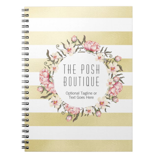 Modern Gold Stripes & Pink Floral Roses Wreath Notebook (Front)