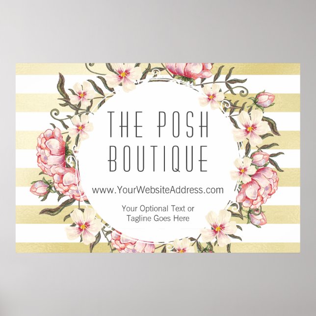 Modern Gold Stripes & Pink Floral Roses Wreath Poster (Front)