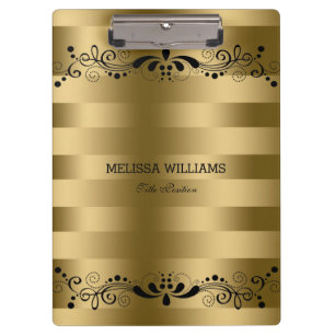 Modern Gold Stripes & Vintage Black Floral Lace Clipboard