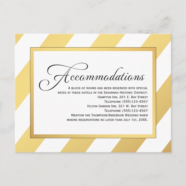 Modern Gold Stripes Wedding Accommodations Postcard (Front)
