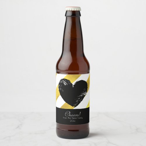 Modern Gold Stripes with a Heart Beer Bottle Label