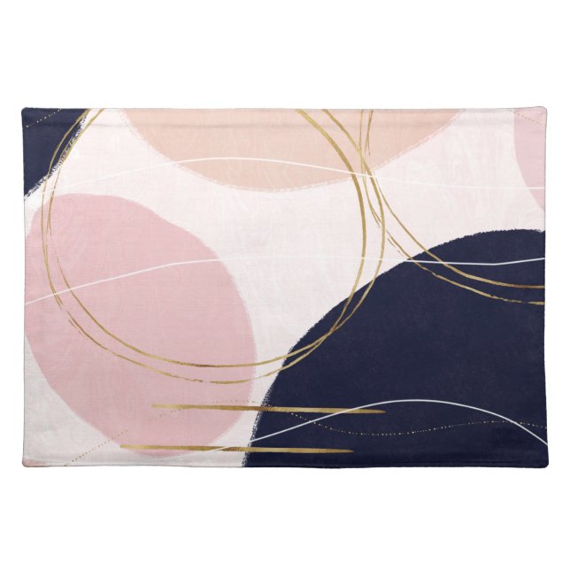 Modern Gold Strokes & Circles Minimal Pink Design Cloth Placemat (Front)