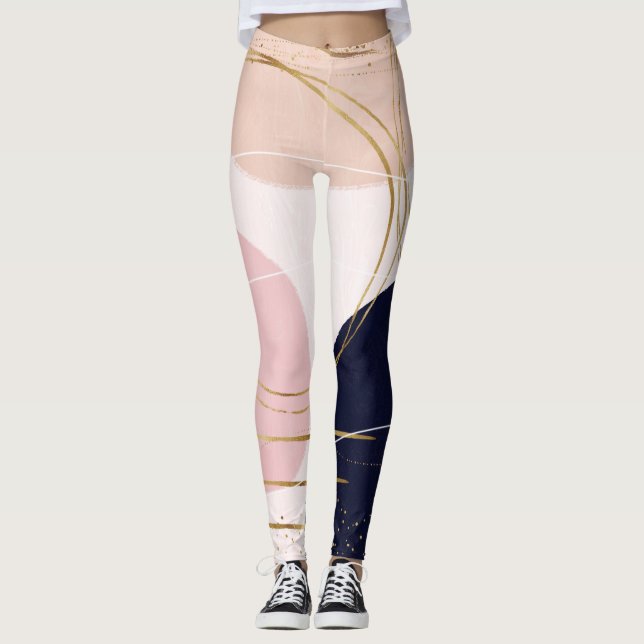 Modern Gold Strokes & Circles Minimal Pink Design Leggings (Front)