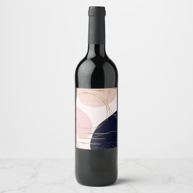 Modern Gold Strokes & Circles Minimal Pink Design Wine Label (Front)
