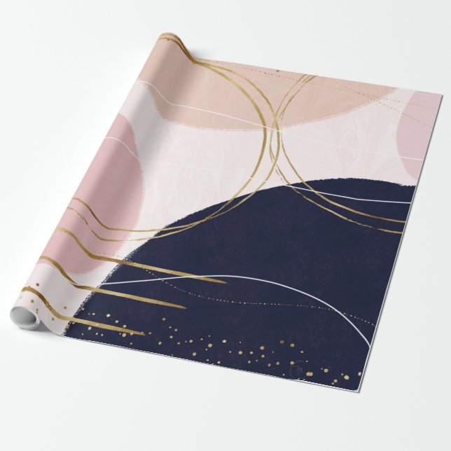 Modern Gold Strokes & Circles Minimal Pink Design Wrapping Paper (Unrolled)