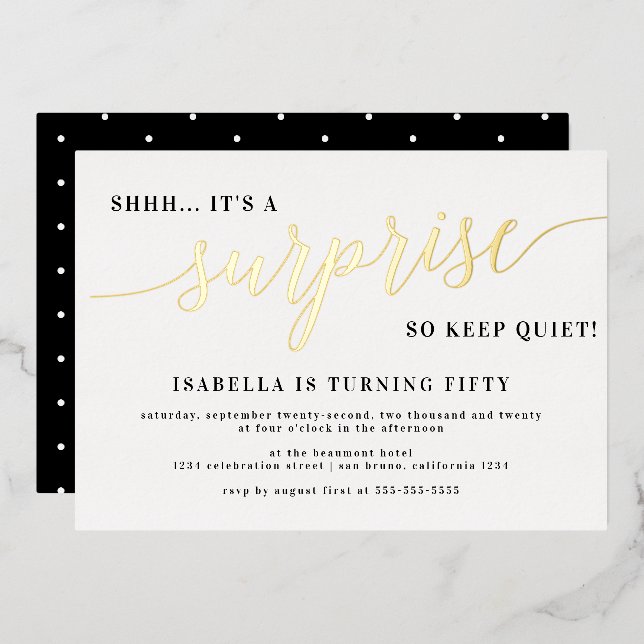 Modern Gold Stylish Script Surprise Birthday Party Foil Invitation (Front/Back)