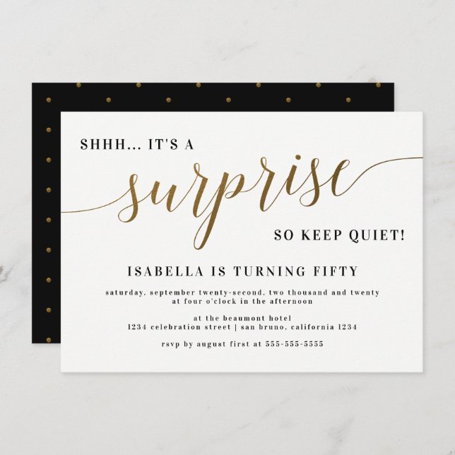 Modern Gold Stylish Script Surprise Birthday Party Invitation (Front/Back)