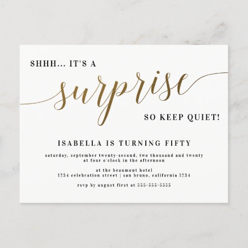 Modern Gold Stylish Script Surprise Birthday Party Invitation Postcard