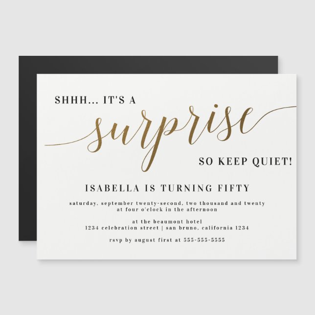 Modern Gold Stylish Script Surprise Birthday Party Magnetic Invitation (Front/Back)