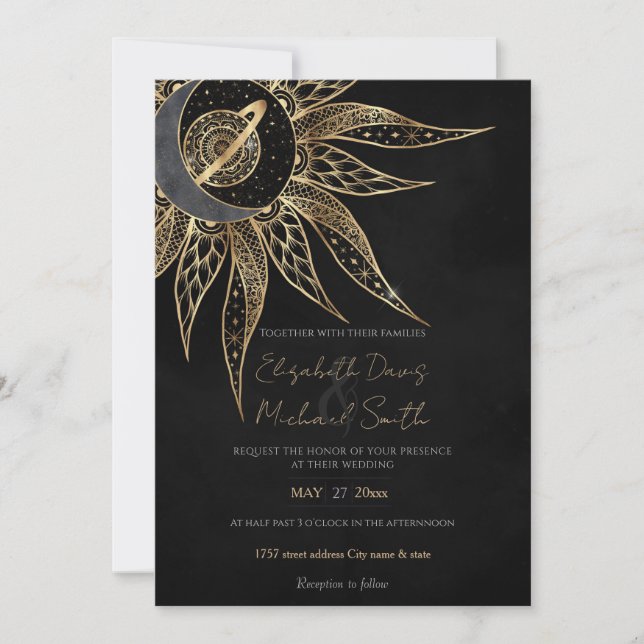 Modern Gold Sun Moon Planet Universe Mandala Invitation (Front)