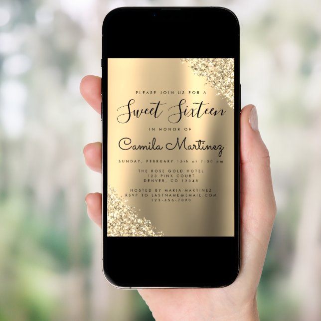 Modern Gold Sweet 16 Glitter Party Invitation (Front Digital)