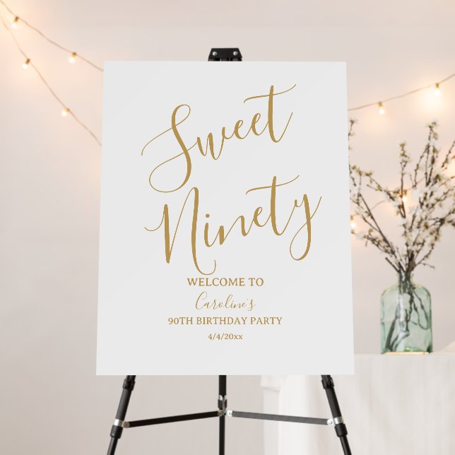 Modern Gold Sweet Ninety 90th Birthday Welcome Foam Board (In Situ (Stand))