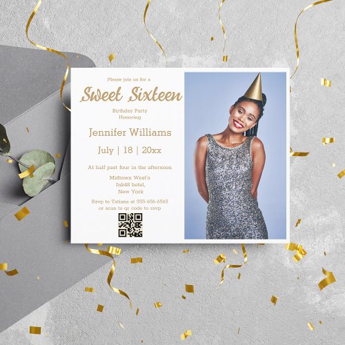 modern gold sweet sixteen qr code photo invitation