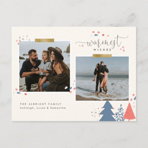 Modern Gold Tape Warmest Wishes Script Two Photo Holiday Postcard