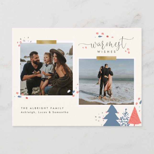 Modern Gold Tape Warmest Wishes Script Two Photo Holiday Postcard (Front)
