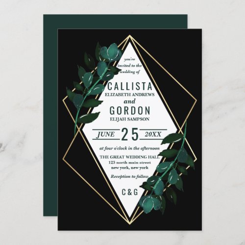 Modern Gold Teal Black Greenery Terrarium Wedding Invitation