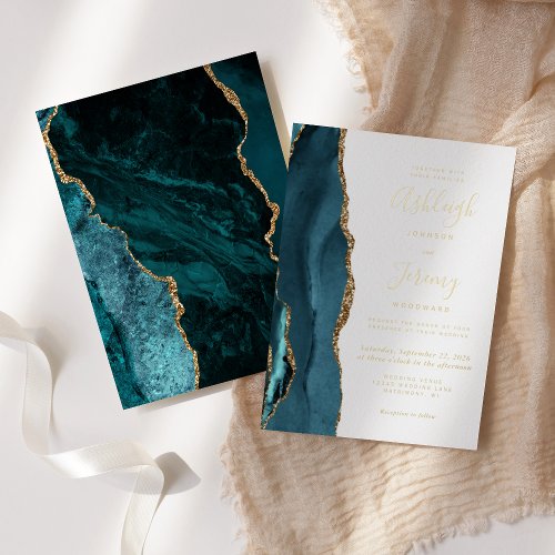 Modern Gold Teal Blue Agate Wedding Foil Invitation