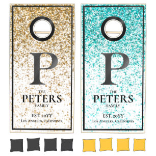 Modern Gold Teal Glitter Metallic Black Monogram Cornhole Set