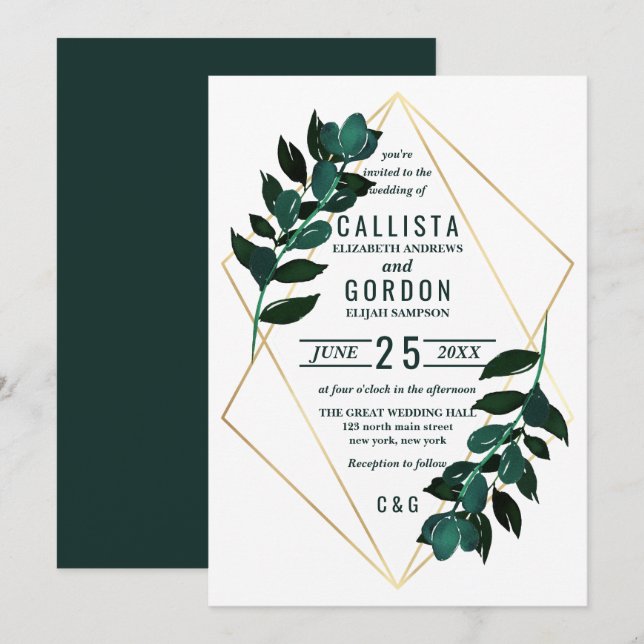 Modern Gold Teal Greenery Terrarium Wedding Invitation (Front/Back)