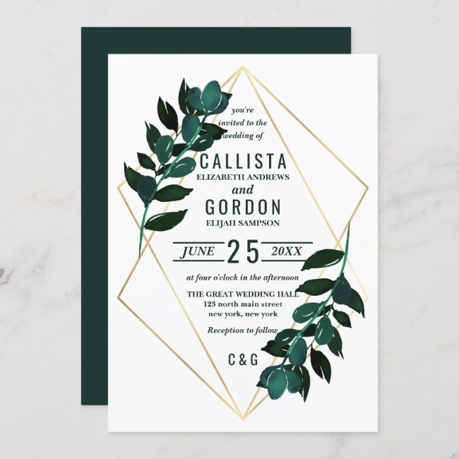 Modern Gold Teal Greenery Terrarium Wedding Invitation