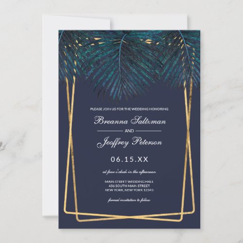 Modern Gold Teal Palm Leaves Geo Borders Wedding Invitation