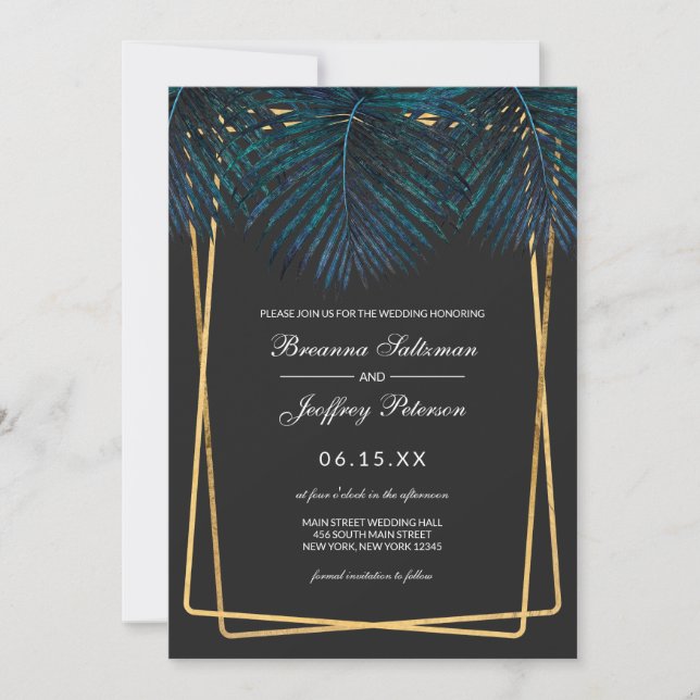 Modern Gold Teal Palm Leaves Geo Borders Wedding Invitation (Front)