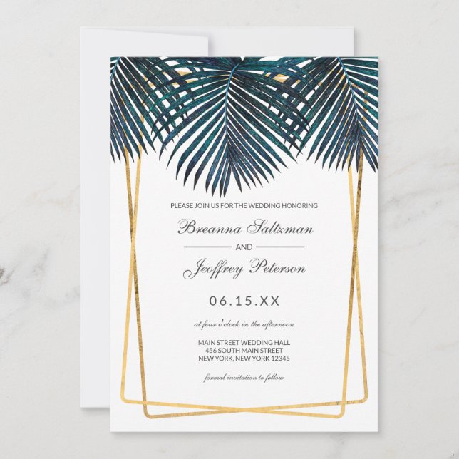 Modern Gold Teal Palm Leaves Geo Borders Wedding Invitation (Front)