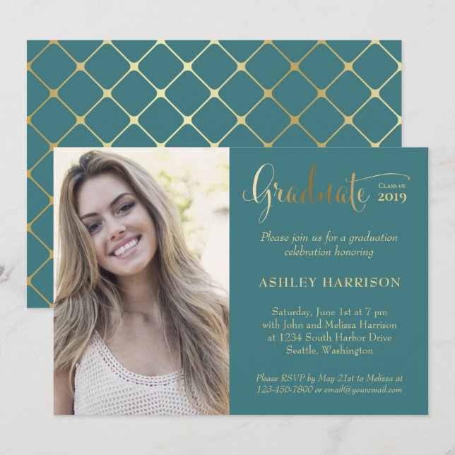 Modern Gold Teal Photo Graduation Party Invitation (Front/Back)