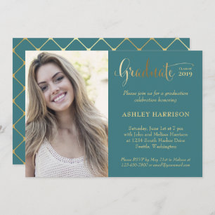 Modern Gold Teal Photo Graduation Party Invitation